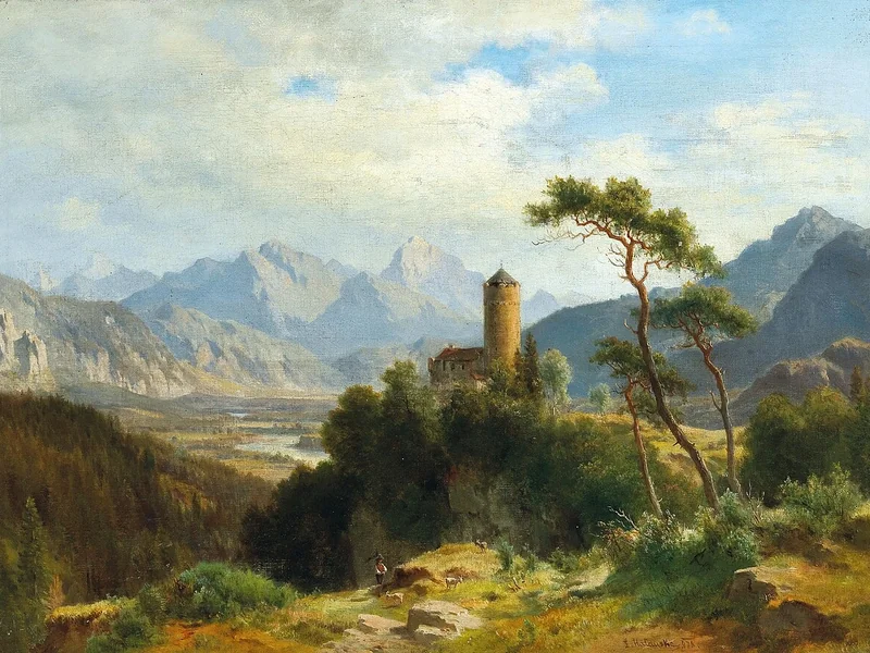 1827-Ludwig Halauska - Vista del castello di Klamm nell'Oberinntal con visuale sul Sulstein